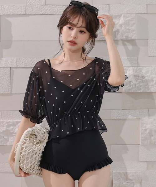 TeddyShop(テディショップ)の「【3wayオフショルorワンショル/五分袖】ぽわん袖シアーペプラム風トップス+フリルオールインワンスイムウェア 上下2点セット レディース水着(水着・レディース・ブラック×ブルー/ブラック系その他/ホワイト系その他・L/M/S)」の17枚目の写真