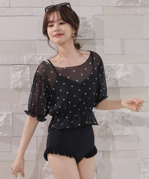 TeddyShop(テディショップ)の「【3wayオフショルorワンショル/五分袖】ぽわん袖シアーペプラム風トップス+フリルオールインワンスイムウェア 上下2点セット レディース水着(水着・レディース・ブラック×ブルー/ブラック系その他/ホワイト系その他・L/M/S)」の19枚目の写真