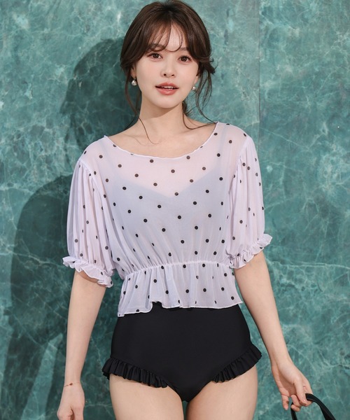 TeddyShop(テディショップ)の「【3wayオフショルorワンショル/五分袖】ぽわん袖シアーペプラム風トップス+フリルオールインワンスイムウェア 上下2点セット レディース水着(水着・レディース・ブラック×ブルー/ブラック系その他/ホワイト系その他・L/M/S)」の4枚目の写真