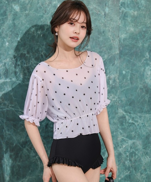 TeddyShop(テディショップ)の「【3wayオフショルorワンショル/五分袖】ぽわん袖シアーペプラム風トップス+フリルオールインワンスイムウェア 上下2点セット レディース水着(水着・レディース・ブラック×ブルー/ブラック系その他/ホワイト系その他・L/M/S)」の5枚目の写真