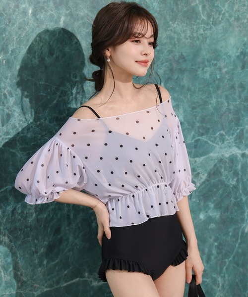 TeddyShop(テディショップ)の「【3wayオフショルorワンショル/五分袖】ぽわん袖シアーペプラム風トップス+フリルオールインワンスイムウェア 上下2点セット レディース水着(水着・レディース・ブラック×ブルー/ブラック系その他/ホワイト系その他・L/M/S)」の8枚目の写真