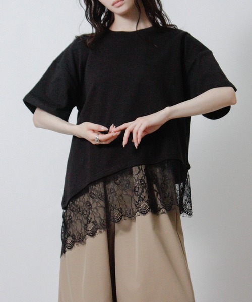 Social GIRL(ソーシャルガール)の「裾レースアシメTシャツ 半袖Tシャツ(Tシャツ/カットソー・レディース・ブラック/ホワイト・M)」の1枚目の写真