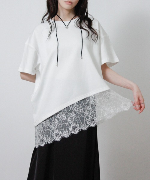 Social GIRL(ソーシャルガール)の「裾レースアシメTシャツ 半袖Tシャツ(Tシャツ/カットソー・レディース・ブラック/ホワイト・M)」の3枚目の写真
