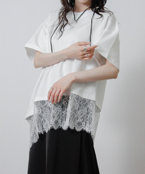 Social GIRL(ソーシャルガール)の「裾レースアシメTシャツ 半袖Tシャツ(Tシャツ/カットソー・レディース・ブラック/ホワイト・M)」の5枚目の写真