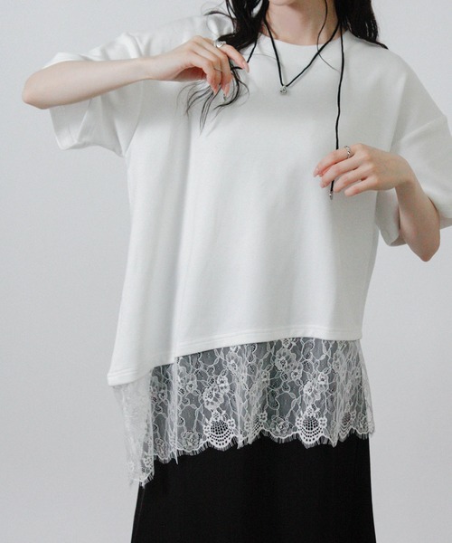 Social GIRL(ソーシャルガール)の「裾レースアシメTシャツ 半袖Tシャツ(Tシャツ/カットソー・レディース・ブラック/ホワイト・M)」の7枚目の写真