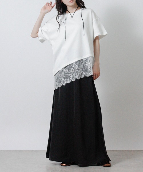Social GIRL(ソーシャルガール)の「裾レースアシメTシャツ 半袖Tシャツ(Tシャツ/カットソー・レディース・ブラック/ホワイト・M)」の9枚目の写真