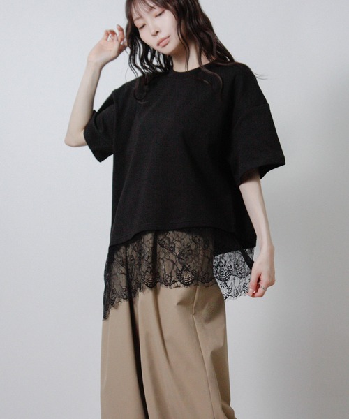 Social GIRL(ソーシャルガール)の「裾レースアシメTシャツ 半袖Tシャツ(Tシャツ/カットソー・レディース・ブラック/ホワイト・M)」の12枚目の写真