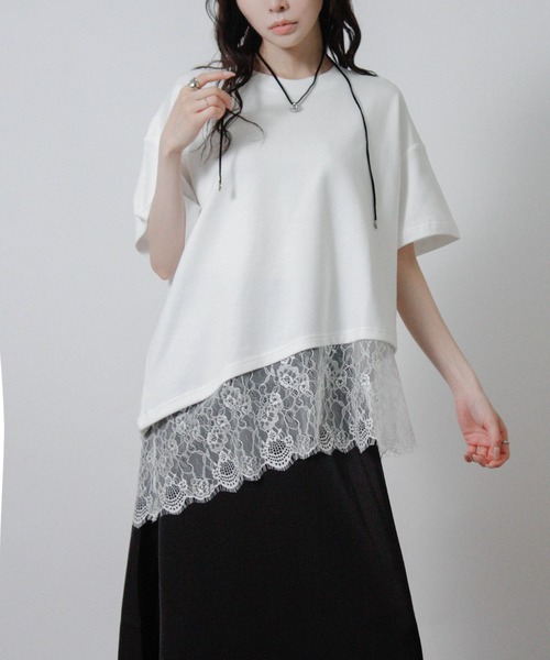 Social GIRL(ソーシャルガール)の「裾レースアシメTシャツ 半袖Tシャツ(Tシャツ/カットソー・レディース・ブラック/ホワイト・M)」の4枚目の写真
