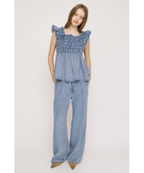 SLY(スライ)の「DENIM ARM FRILL TOPS デニムアームフリルトップス 春服 夏服(シャツ/ブラウス・レディース・ブルー/ライトブルー・FREE)」の6枚目の写真