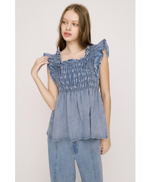 SLY(スライ)の「DENIM ARM FRILL TOPS デニムアームフリルトップス 春服 夏服(シャツ/ブラウス・レディース・ブルー/ライトブルー・FREE)」の8枚目の写真