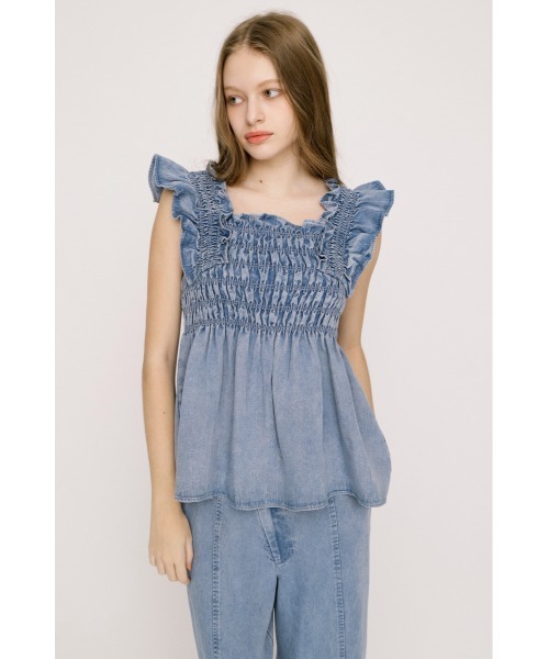 SLY(スライ)の「DENIM ARM FRILL TOPS デニムアームフリルトップス 春服 夏服(シャツ/ブラウス・レディース・ブルー/ライトブルー・FREE)」の10枚目の写真