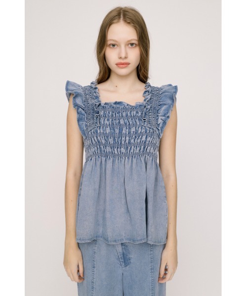 SLY(スライ)の「DENIM ARM FRILL TOPS デニムアームフリルトップス 春服 夏服(シャツ/ブラウス・レディース・ブルー/ライトブルー・FREE)」の11枚目の写真