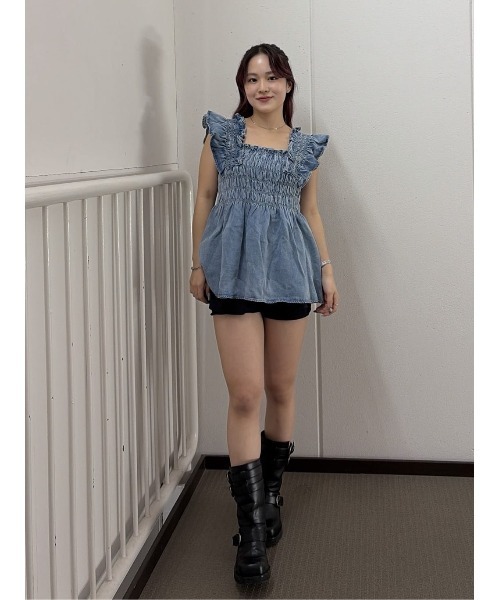 SLY（スライ）の「DENIM ARM FRILL TOPS デニムアームフリルトップス