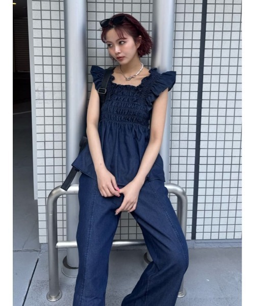 SLY（スライ）の「DENIM ARM FRILL TOPS デニムアームフリルトップス