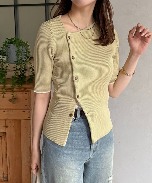 Thevon(ゼボン)の「アシメネックボタンデザイン半袖ニット(ニット/セーター・レディース・グレー/ブラック/アイボリー/イエロー・FREE)」の19枚目の写真