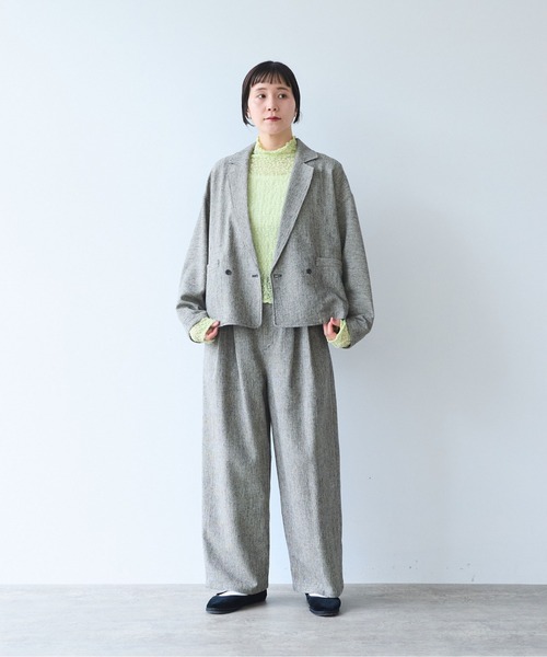 yuni（ユニ　）の「Cotton Acryl Wool tailored short cocoon jacket（テーラードジャケット・レディース・グレー/ダークブラウン・FREE）」の3枚目の写真