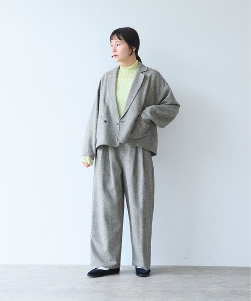 yuni（ユニ　）の「Cotton Acryl Wool tailored short cocoon jacket（テーラードジャケット・レディース・グレー/ダークブラウン・FREE）」の4枚目の写真