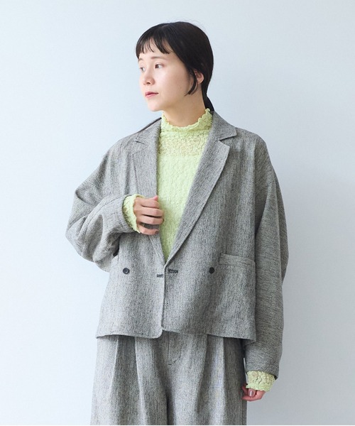 yuni（ユニ　）の「Cotton Acryl Wool tailored short cocoon jacket（テーラードジャケット・レディース・グレー/ダークブラウン・FREE）」の7枚目の写真