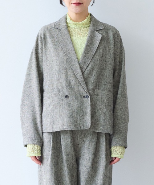 yuni（ユニ　）の「Cotton Acryl Wool tailored short cocoon jacket（テーラードジャケット・レディース・グレー/ダークブラウン・FREE）」の10枚目の写真