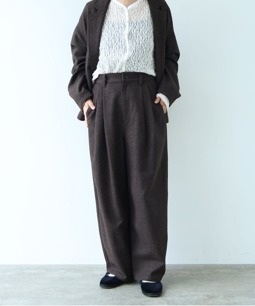 yuni（ユニ　）の「Cotton Acryl Wool tailored short cocoon jacket（テーラードジャケット・レディース・グレー/ダークブラウン・FREE）」の20枚目の写真
