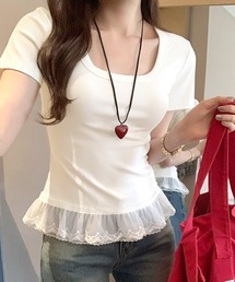 裾レースUネックTシャツ