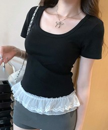 裾レースUネックTシャツ