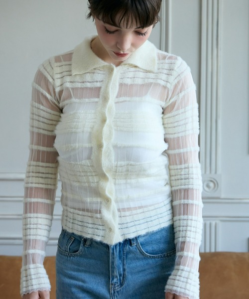 mic by Olu.（ミックバイオルドット）の「＜ ZOZOTOWN限定 ＞シアーフェザーポロニット（ニット/セーター・レディース・アイボリー/ブラック・FREE）」の3枚目の写真