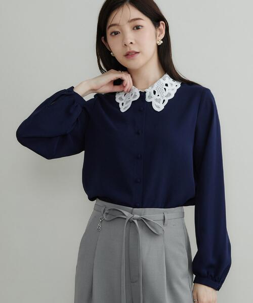 couture brooch(クチュールブローチ)の「【お顔まわり彩る】レース衿ジョーゼットブラウス(シャツ/ブラウス・レディース・オフホワイト/ネイビー系4/ブラック・38/36/40/42)」の20枚目の写真
