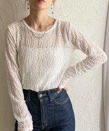 長袖 クルーネック レース シアートップス ロングTシャツ