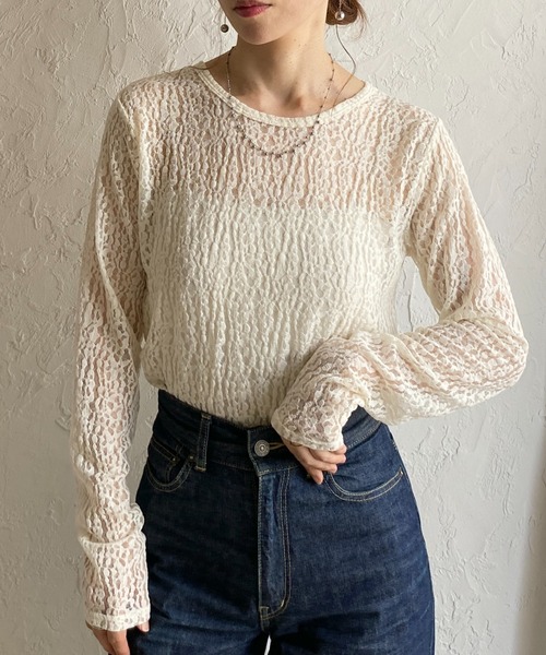 She's Closet(シーズクローゼット)の「長袖 クルーネック レース シアートップス ロングTシャツ(Tシャツ/カットソー・レディース・ブラック/ホワイト/アイボリー・FREE)」の2枚目の写真