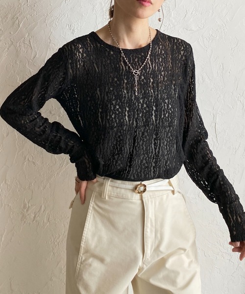 She's Closet(シーズクローゼット)の「長袖 クルーネック レース シアートップス ロングTシャツ(Tシャツ/カットソー・レディース・ブラック/ホワイト/アイボリー・FREE)」の3枚目の写真