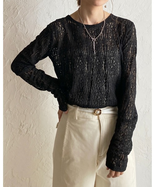 She's Closet(シーズクローゼット)の「長袖 クルーネック レース シアートップス ロングTシャツ(Tシャツ/カットソー・レディース・ブラック/ホワイト/アイボリー・FREE)」の21枚目の写真