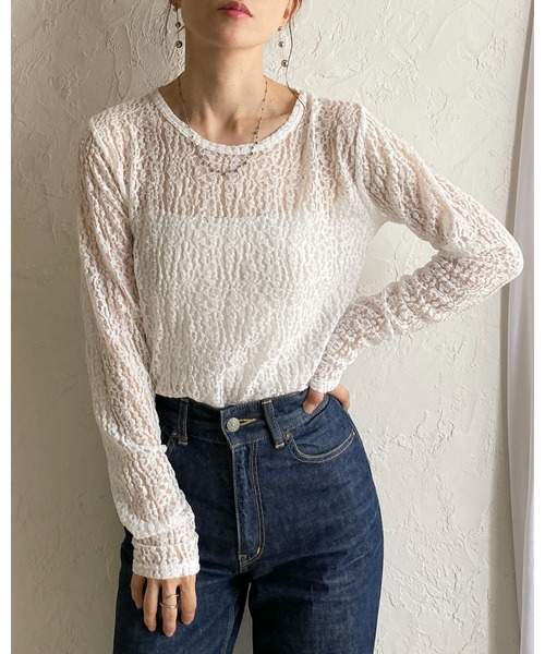 She's Closet(シーズクローゼット)の「長袖 クルーネック レース シアートップス ロングTシャツ(Tシャツ/カットソー・レディース・ブラック/ホワイト/アイボリー・FREE)」の18枚目の写真