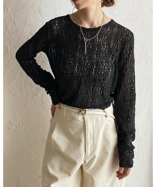 She's Closet(シーズクローゼット)の「長袖 クルーネック レース シアートップス ロングTシャツ(Tシャツ/カットソー・レディース・ブラック/ホワイト/アイボリー・FREE)」の10枚目の写真