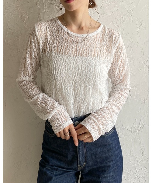 She's Closet(シーズクローゼット)の「長袖 クルーネック レース シアートップス ロングTシャツ(Tシャツ/カットソー・レディース・ブラック/ホワイト/アイボリー・FREE)」の8枚目の写真