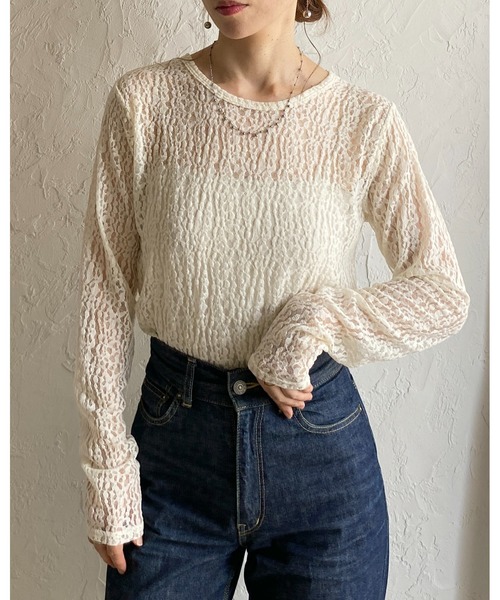 She's Closet(シーズクローゼット)の「長袖 クルーネック レース シアートップス ロングTシャツ(Tシャツ/カットソー・レディース・ブラック/ホワイト/アイボリー・FREE)」の5枚目の写真