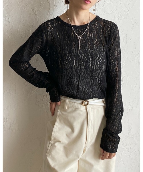 She's Closet(シーズクローゼット)の「長袖 クルーネック レース シアートップス ロングTシャツ(Tシャツ/カットソー・レディース・ブラック/ホワイト/アイボリー・FREE)」の6枚目の写真