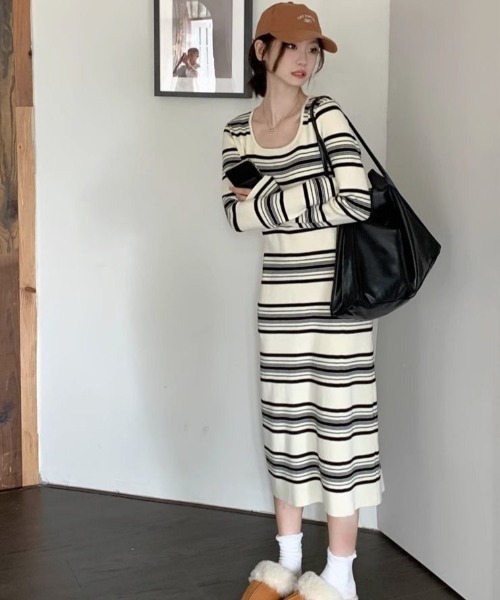 SHEPP(シープ)の「【26年秋冬新作】ボーダー リブ タイトニットワンピース ロング丈(ワンピース・レディース・アイボリー・M)」の7枚目の写真
