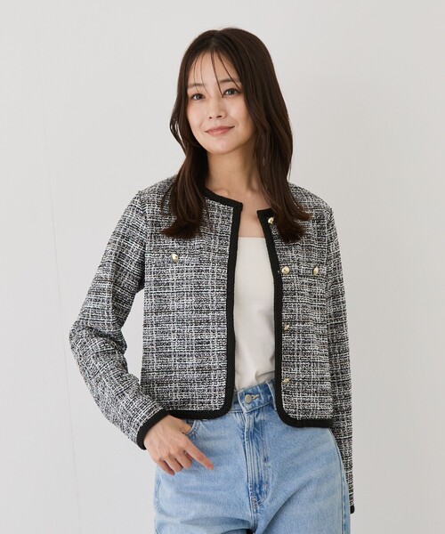 Jayro(ジャイロ)の「カットツィード長袖ジャケット(ノーカラージャケット・レディース・ブラック系その他/グレー・M)」の1枚目の写真