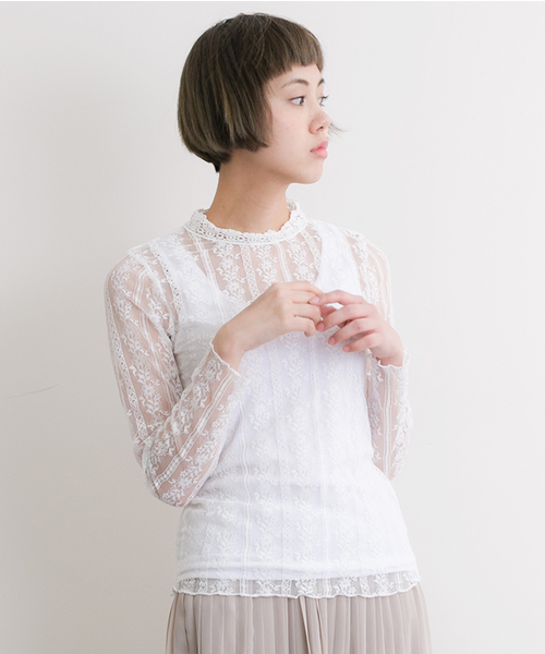 MERLOT（メルロー）の「レースストライプシースルートップス4914（シャツ/ブラウス・レディース・ホワイト/ピンク/ブラック・FREE）」の2枚目の写真