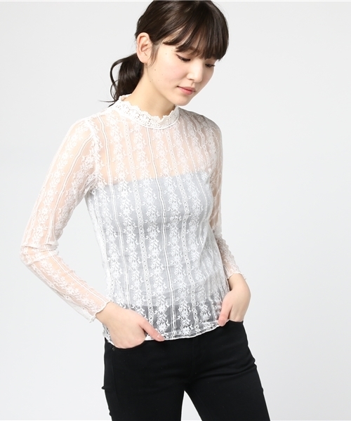 MERLOT（メルロー）の「レースストライプシースルートップス4914（シャツ/ブラウス・レディース・ホワイト/ピンク/ブラック・FREE）」の15枚目の写真