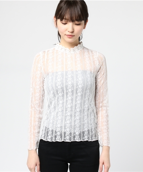 MERLOT（メルロー）の「レースストライプシースルートップス4914（シャツ/ブラウス・レディース・ホワイト/ピンク/ブラック・FREE）」の4枚目の写真