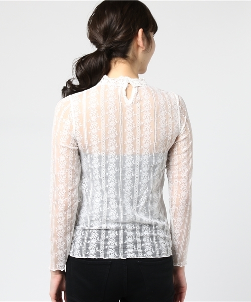 MERLOT（メルロー）の「レースストライプシースルートップス4914（シャツ/ブラウス・レディース・ホワイト/ピンク/ブラック・FREE）」の6枚目の写真