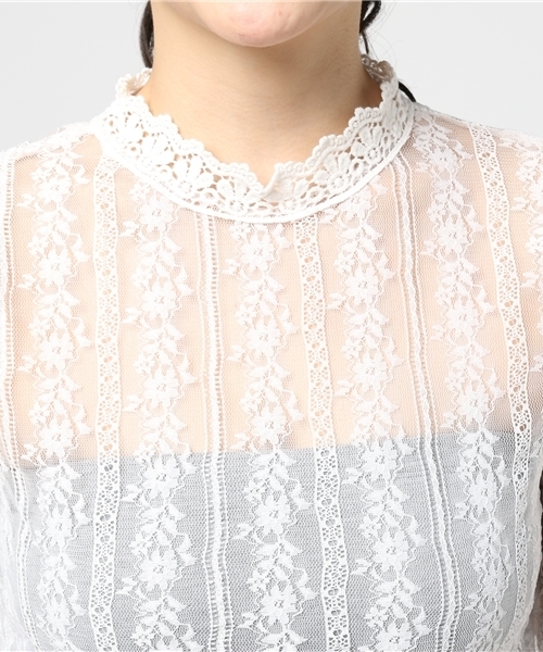 MERLOT（メルロー）の「レースストライプシースルートップス4914（シャツ/ブラウス・レディース・ホワイト/ピンク/ブラック・FREE）」の7枚目の写真