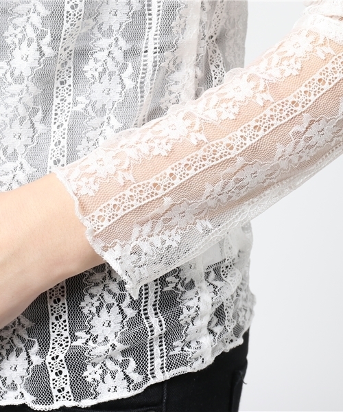 MERLOT（メルロー）の「レースストライプシースルートップス4914（シャツ/ブラウス・レディース・ホワイト/ピンク/ブラック・FREE）」の9枚目の写真