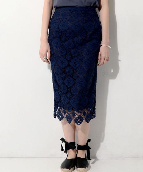 ユナイテッドアローズ 膝下丈タイトレーススカート ブルー レディース