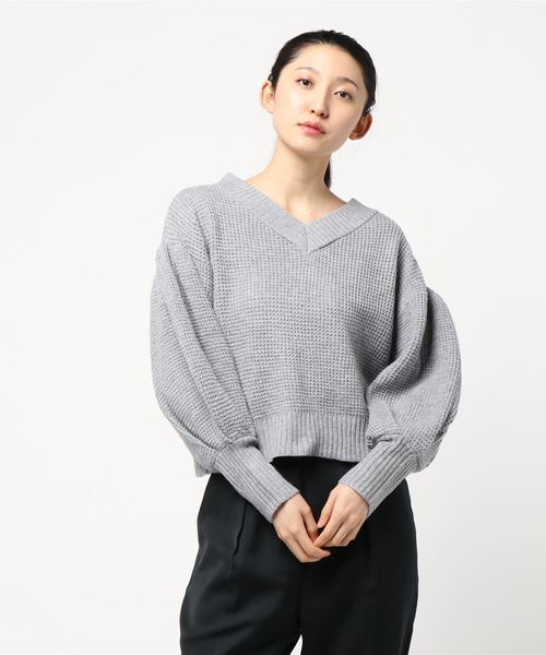 KOBE LETTUCE（コウベレタス）の「ワッフル編みVネックバルーン袖ニットトップス＊レディース/セーター[C3536]神戸レタス（ニット/セーター・レディース・ネイビー/グレー/ピンク/アイボリー・FREE）」の3枚目の写真
