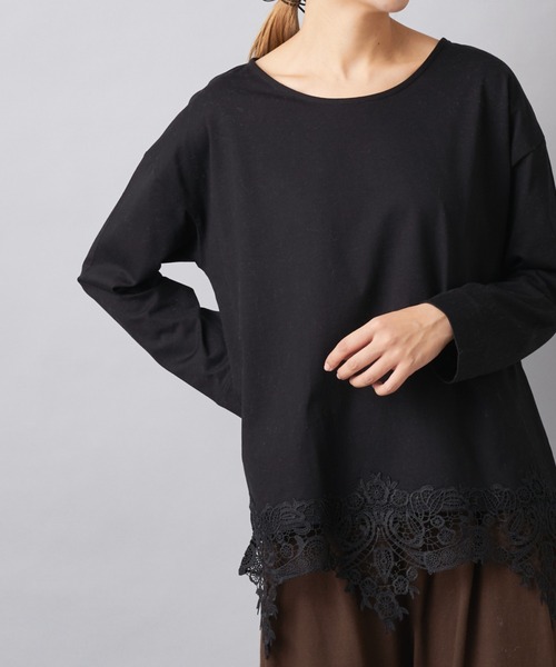 PUAL CE CIN(ピュアルセシン)の「裾レースロングスリーブ(Tシャツ/カットソー・レディース・ライトベージュ/グレー/ブラック・FREE)」の1枚目の写真