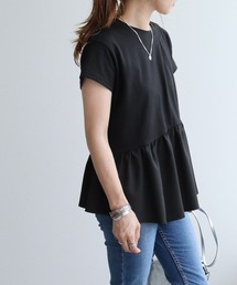 裾フリル異素材切替えペプラムTシャツ