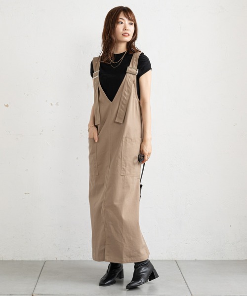 prose verse（プロズヴェール）の「ツイルアウトポケットジャンスカ（ジャンパースカート・レディース・ブラック/ベージュ・MEDIUM）」の5枚目の写真